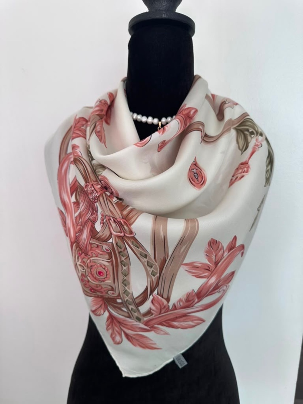 Longchamp Silk Scarf Beige Pink Floral Hand Rolled